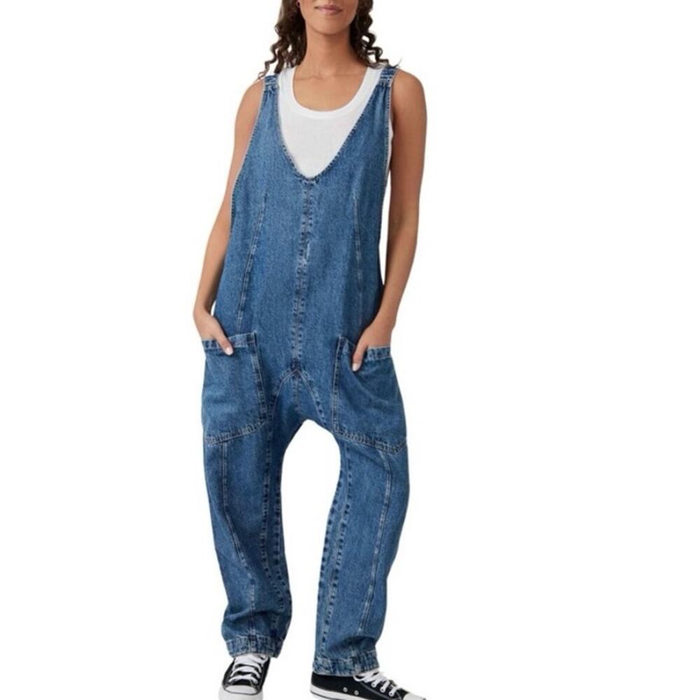 Free People We The Free High Roller Denim Jumpsuit Overalls Women’s Size S Blue